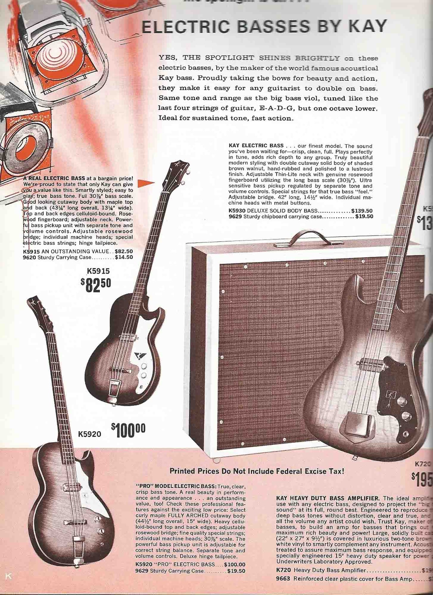 Kay K-5915 Semi-Hollow Body Electric Bass Guitar (1965)