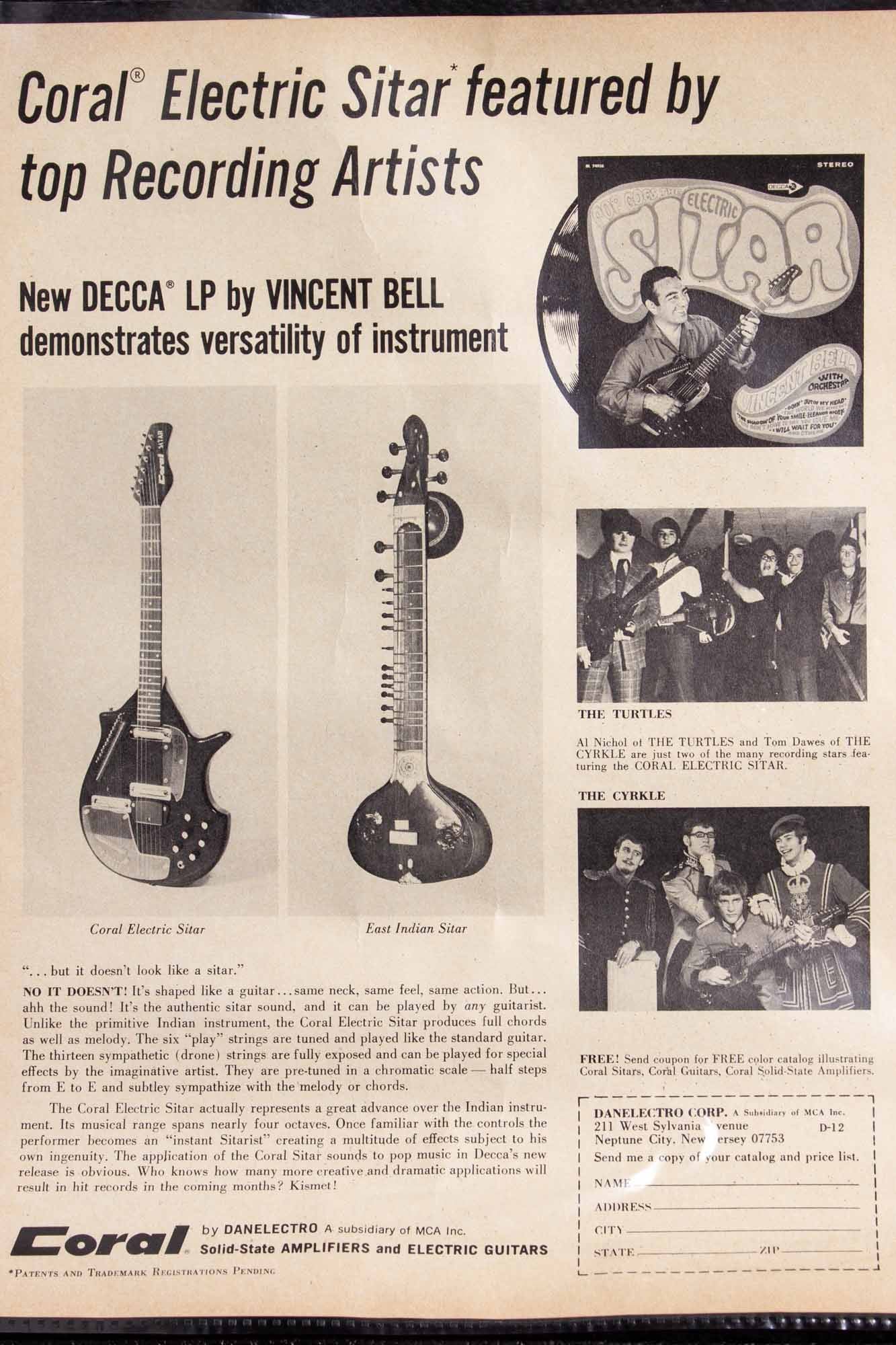 Danelectro Coral Vincent Bell Sitar Semi-Hollow Body Electric Guitar (1968)